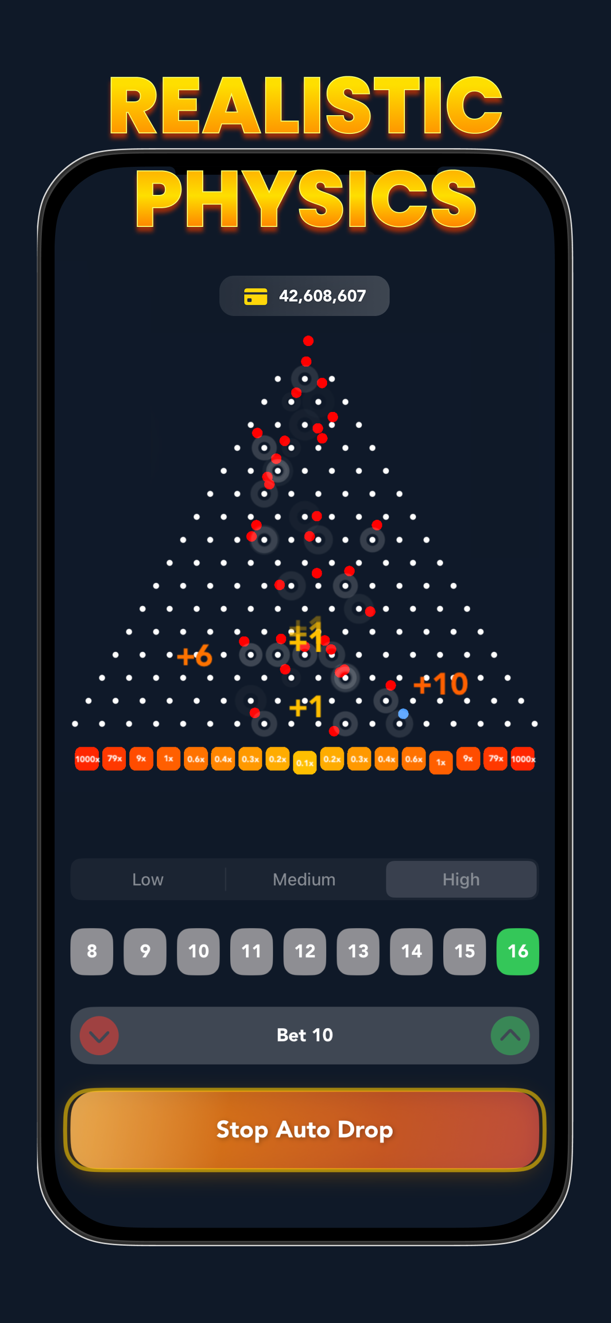 Pachinko Rush realistic physics engine showing multiple red plinko balls bouncing off pegs on a 16-row high risk board
