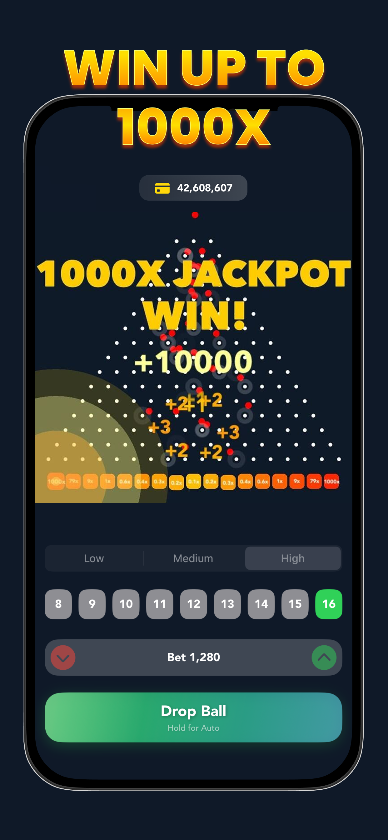 Pachinko Rush plinko high risk mode showing 1000X jackpot win with dramatic gold animation effects